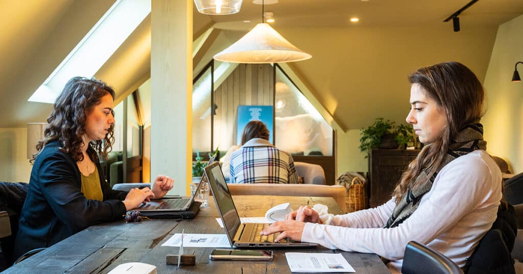 Two women running a small business at a table working on their laptops