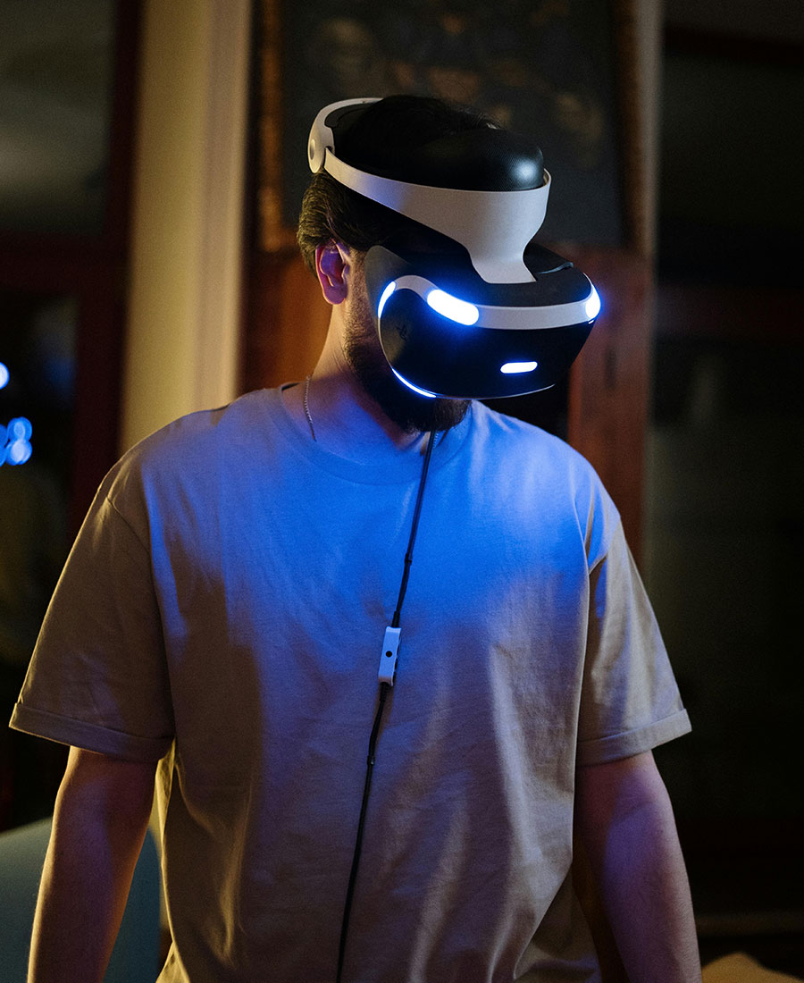 Person wearing a virtual reality headset