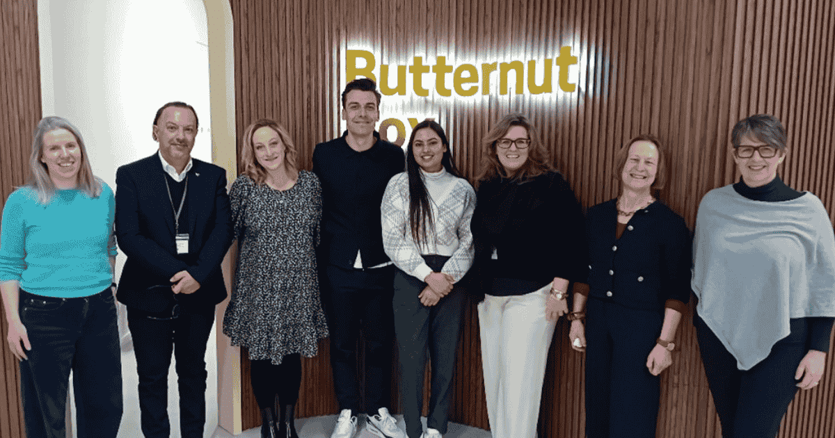 The Butternut Box KTP team (left to right): Ciara Clarke (Butternut Box, In-house Vet and Research Lead), Dan Bance (Surrey Innovation Manager), Charlotte McCormack (Butternut Box, Director of Product Development), David Nolan (Butternut Box, Co-Founder) Jasmeen Kaur (KTP Associate), Susan Armstrong (Surrey Senior Lecturer in Veterinary Clinical Research), Teresa Hollands (Surrey Senior Lecturer in Veterinary Nutrition), Shona Campbell (IUK Business Connect, KT Advisor) © University of Surrey