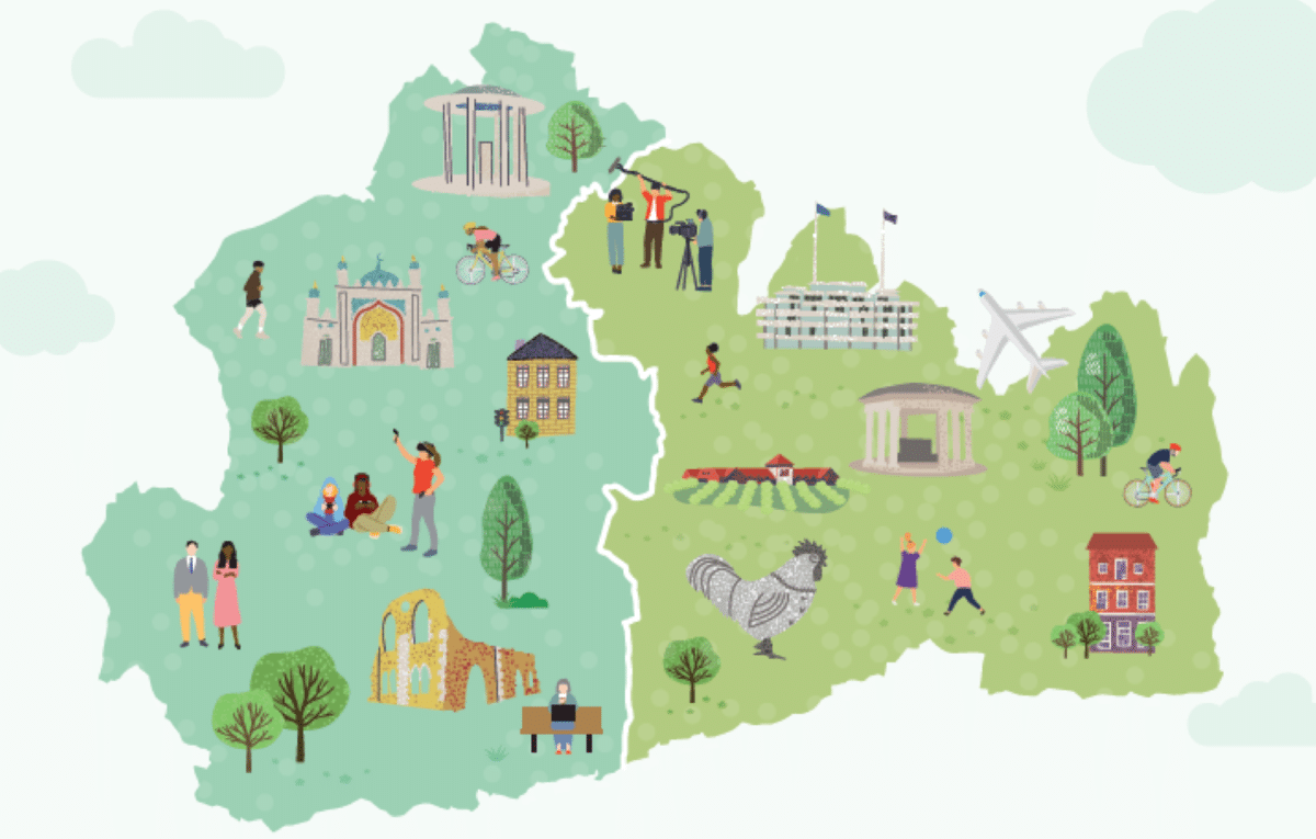 Infographic with a map of Surrey divided into two with icons representing the region