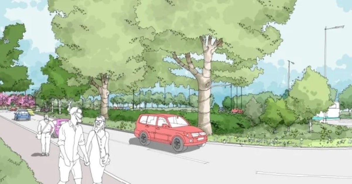 Artists impression of the A320 improvements in Ottershaw, showing people walking, a red car and trees in the background.