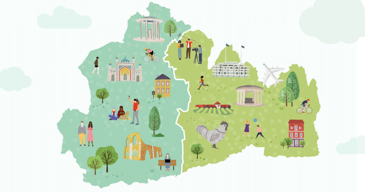 Graphic showing a map of Surrey split in two under a Local Government Reorganisation plan