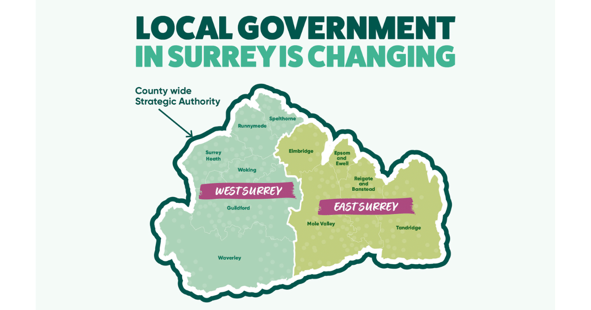 Map showing East and West Surrey under green text saying "Local government in Surrey is changing"
