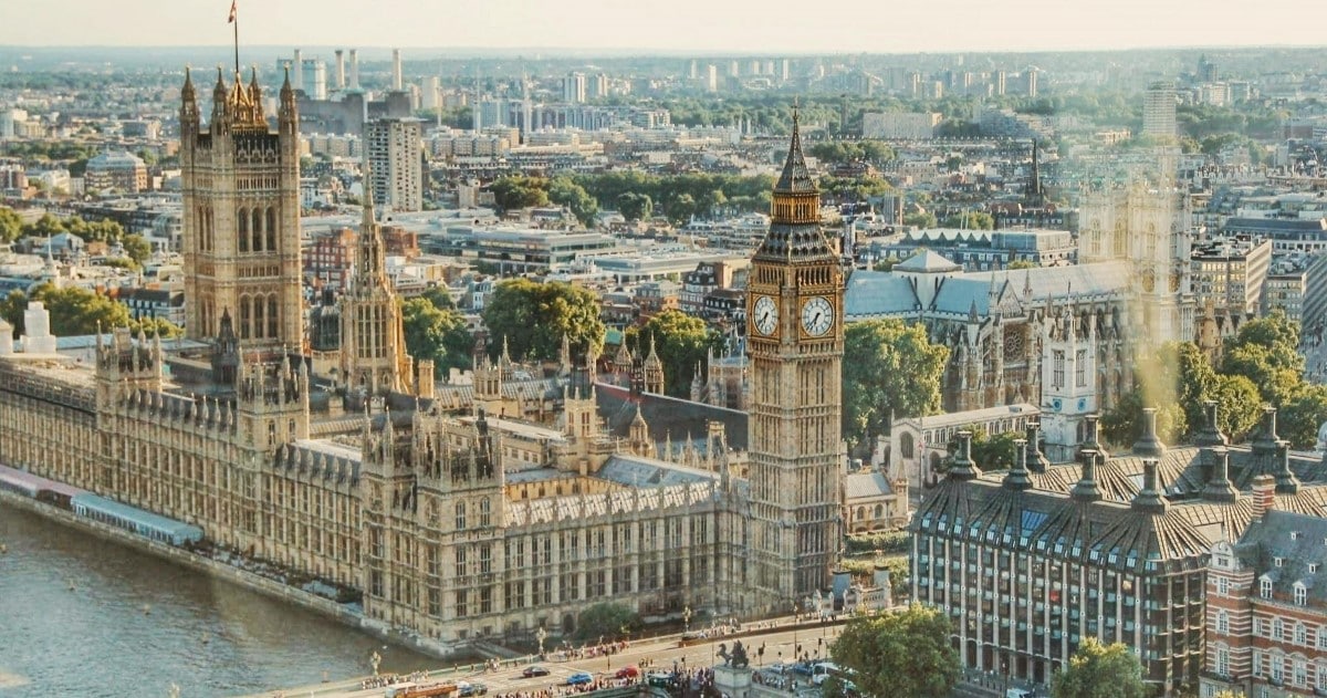 Aerial shot of UK parliament buildings with the River Thames in London at the fore.
