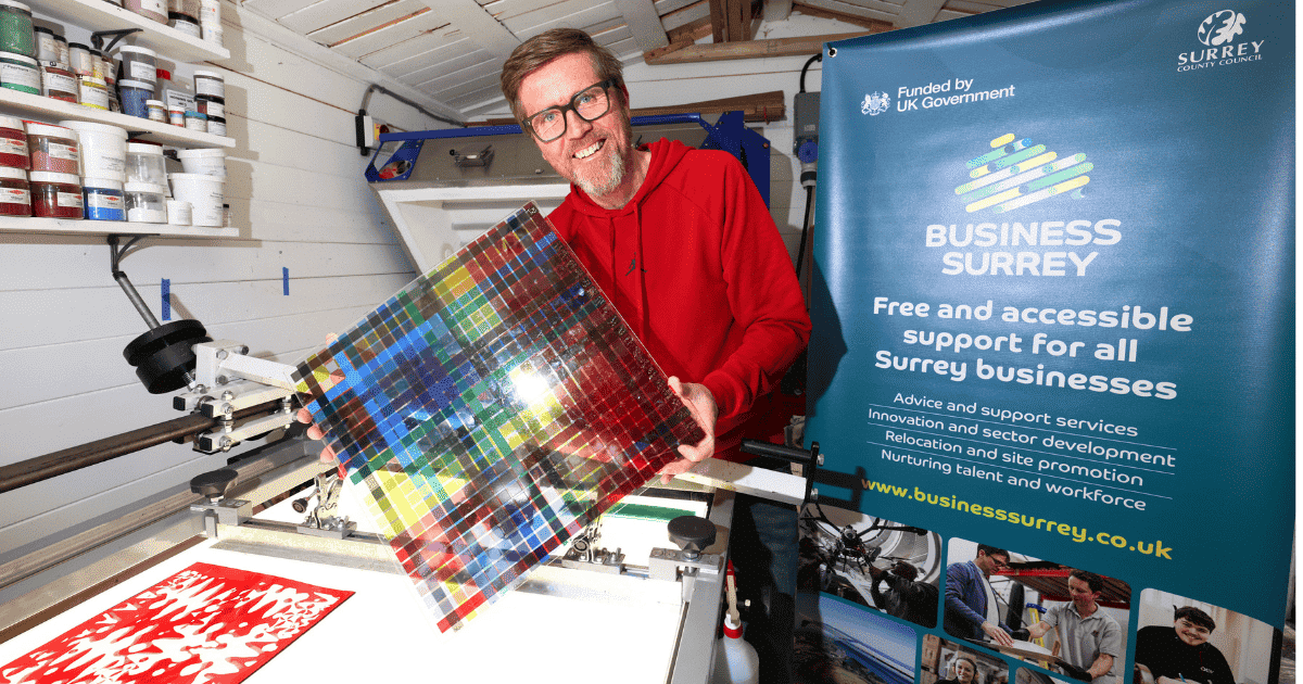 Halt glass - Jim displays some of his glassworks in his workshiop - Business Surrey Economic Growth Fund