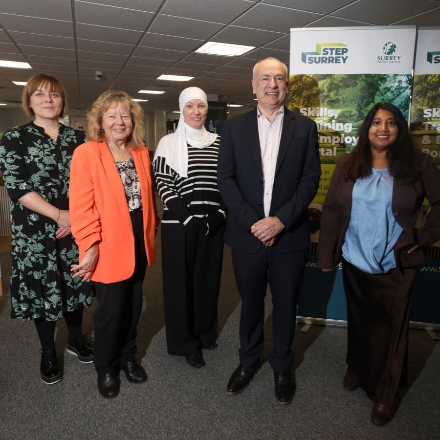 Officers from Surrey County Council, representatives from Surrey Chambers and the Business Leaders Forum stand together to launch the plan