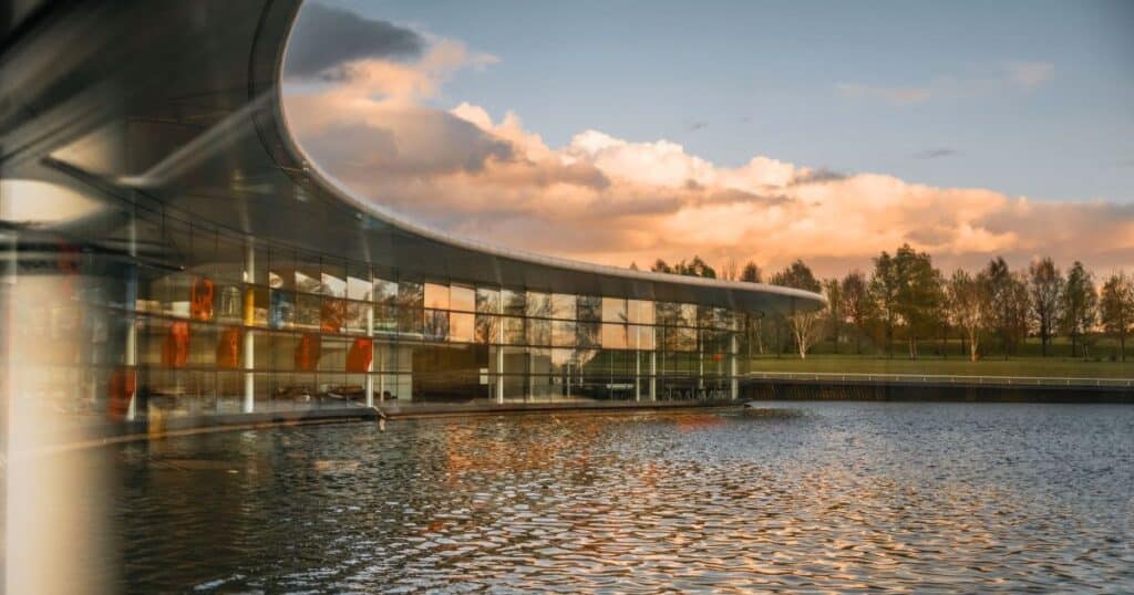 Image of the outside of the McLaren HQ building in Woking, Surrey