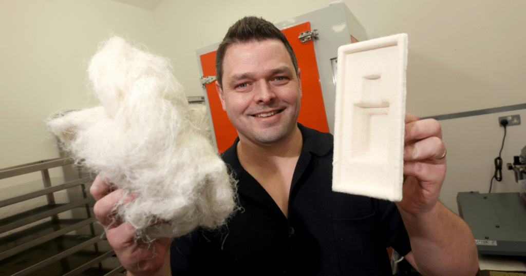 Rob holds up Woven Bio in its raw form and its final form. |  Business Surrey